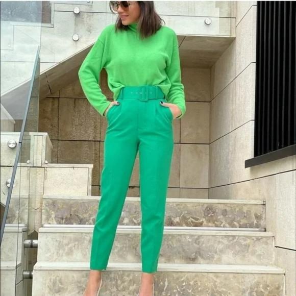 ZARA HIGH WAISTED BELTED PANTS - Picture 1 of 7